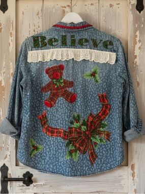Christmas Denim Shirt Upcycled Teddy Bear ‘BELIEVE’ Holiday Top